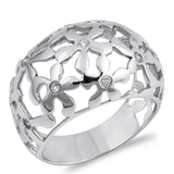 Sterling Silver Flowers Shaped Clear CZ RingAnd Face Height 15mmAnd Band Width 6mm