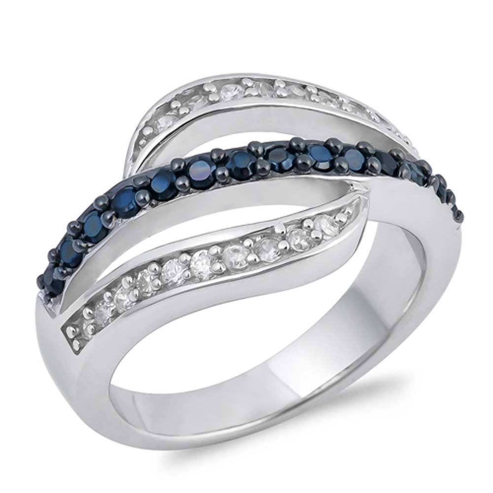Sterling Silver Wave With Black And Clear CZ RingAnd Face Height 14mmAnd Band Width 3mm