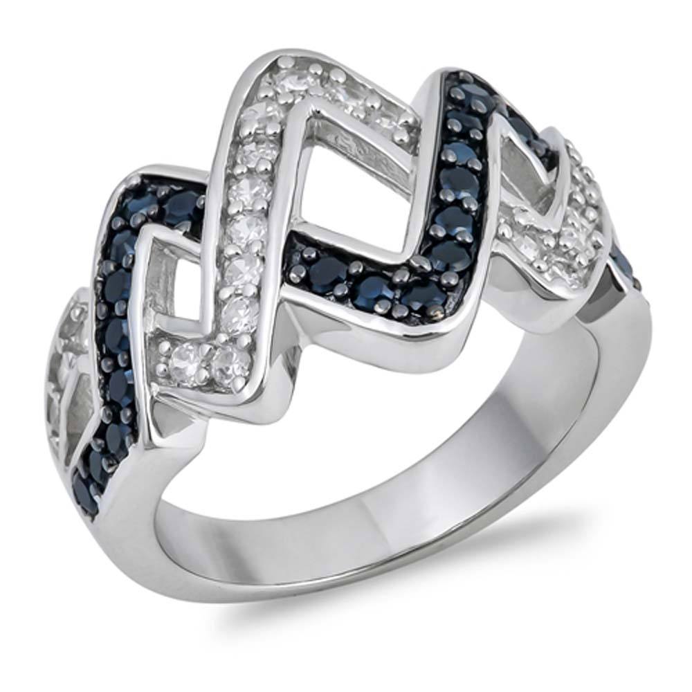 Sterling Silver Infinity Wave With Black And Clear CZ RingAnd Face Height 15mmAnd Band Width 4mm