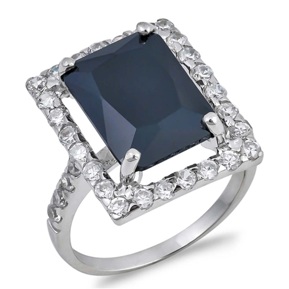 Sterling Silver Black Rectangle With Clear CZ RingAnd Face Height 19mmAnd Band Width 2mm