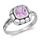 Sterling Silver Rhodium Plated Bali Square With Pink CZ RingAnd Face Height 11mmAnd Band Width 2mm