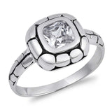 Sterling Silver Rhodium Plated Bali Square Shaped Clear CZ RingAnd Face Height 11mmAnd Band Width 2mm