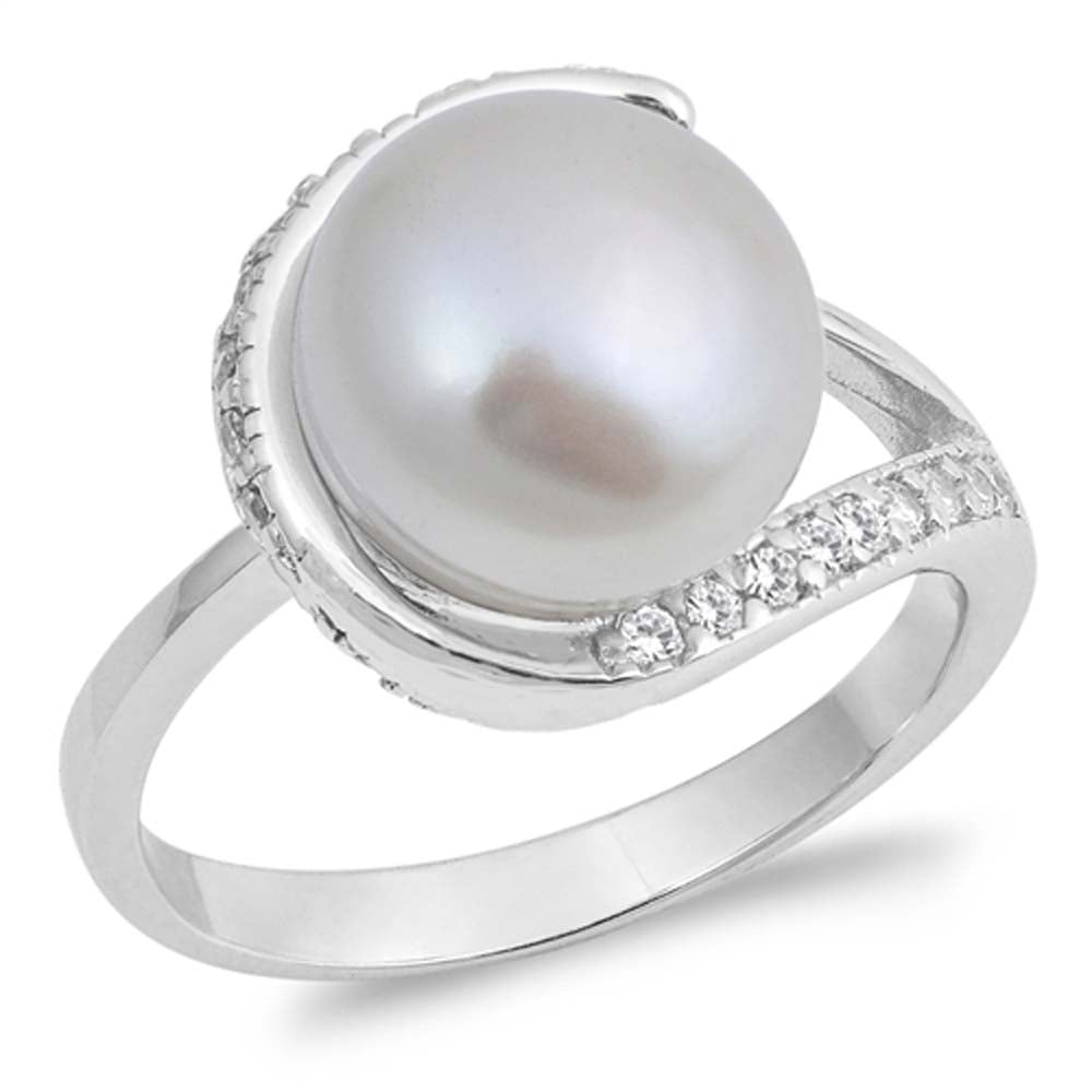 Sterling Silver Freshwater Pearl Shaped Clear CZ RingAnd Face Height 13mmAnd Band Width 3mm