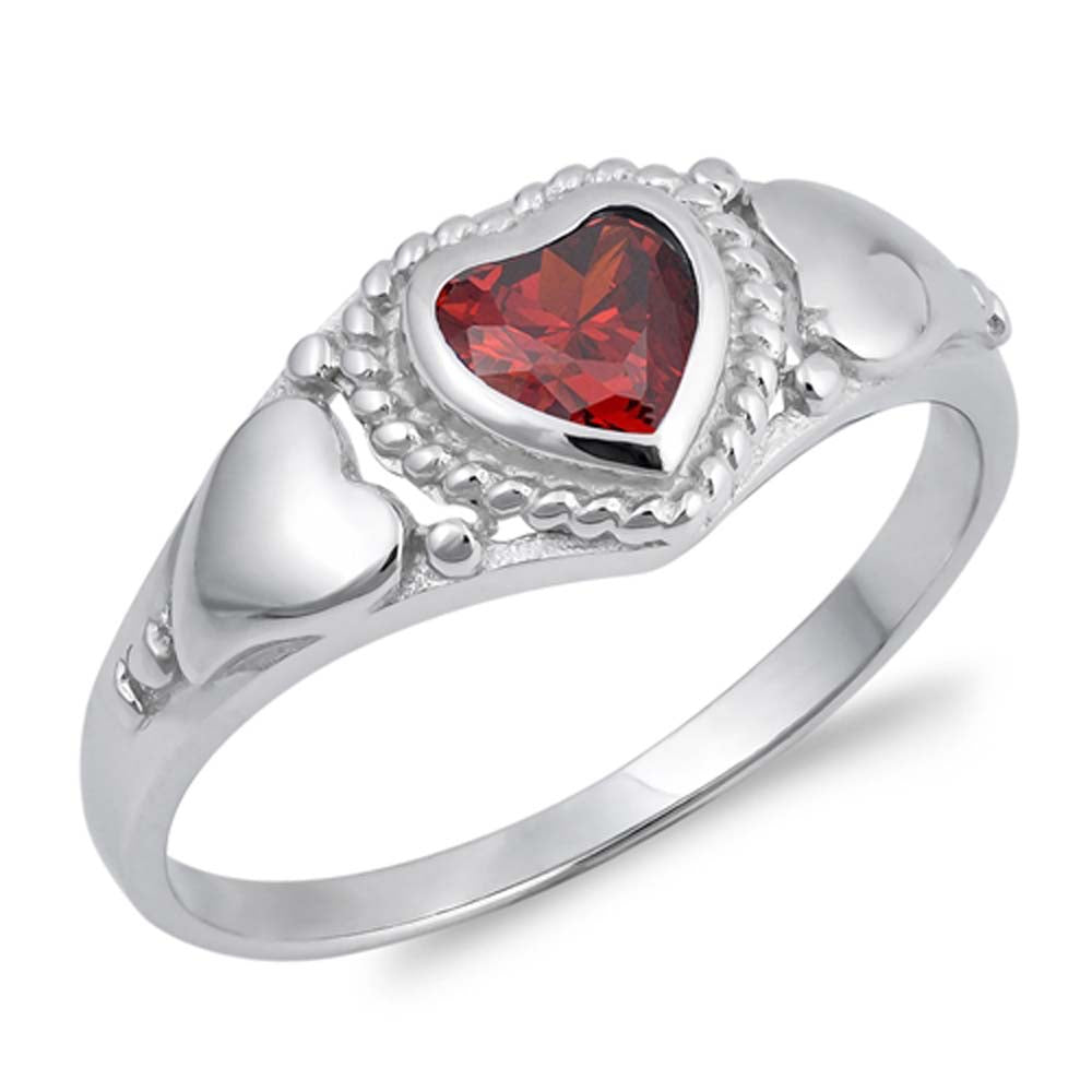 Sterling Silver Garnet Heart Shaped Clear CZ Ring And Face Height 9mmAnd Band Width 2mm