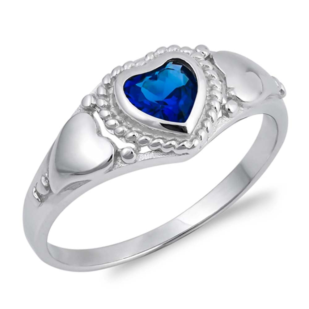 Sterling Silver Blue Sapphire Heart Shaped Clear CZ RingAnd Face Height 9mmAnd Band Width 2mm