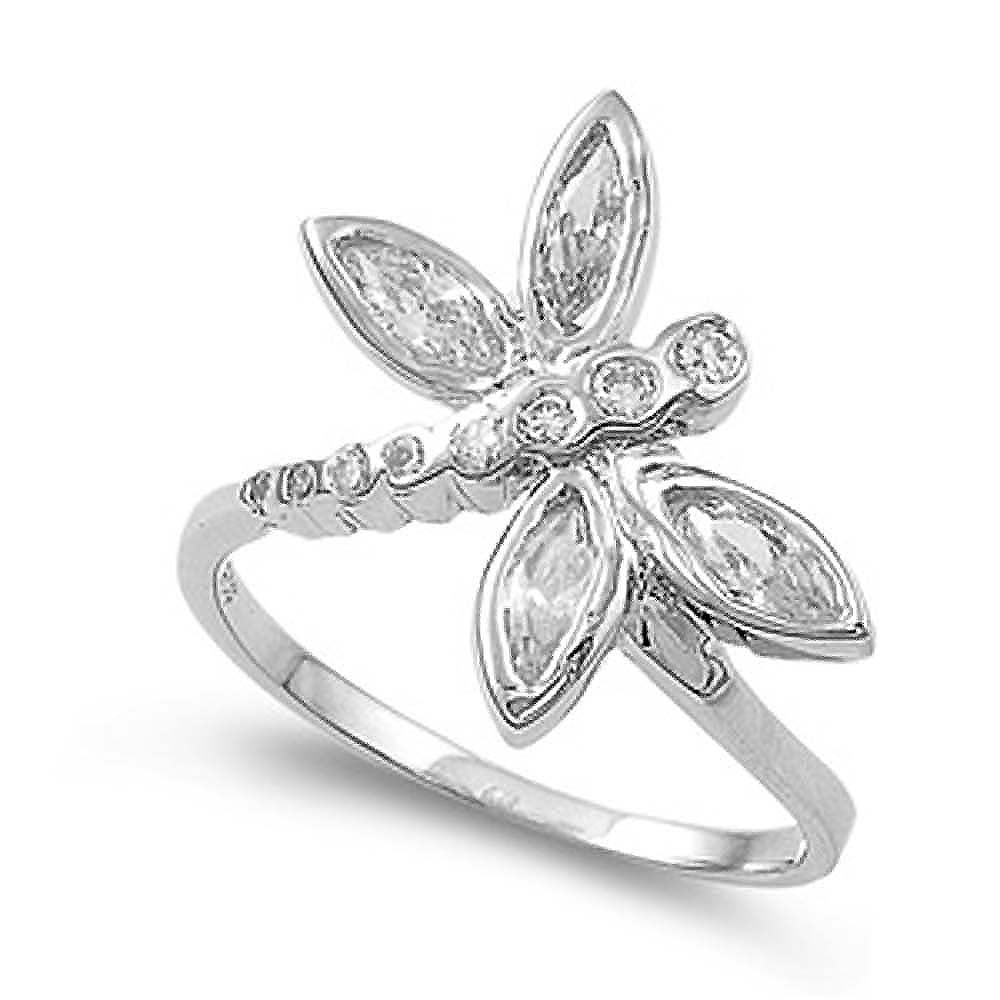 Sterling Silver Dragonfly Shaped Clear CZ RingAnd Face Height 20mm