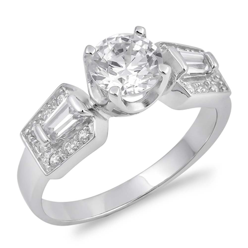 Sterling Silver Princess Cut Round Shaped Clear CZ RingAnd Face Height 7mmAnd Band Width 2mm