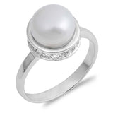 Sterling Silver Round Pearl With Clear CZ RingAnd Face Height 12mm