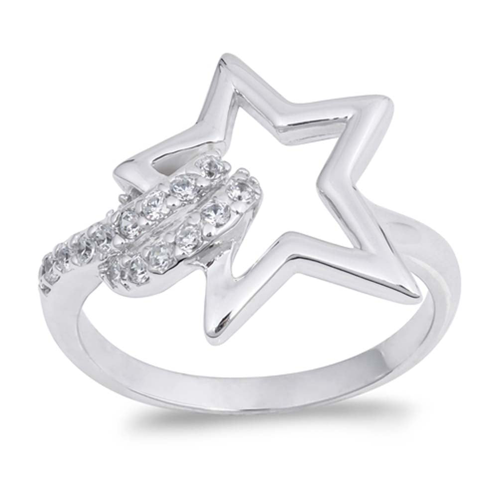 Sterling Silver Star Shaped Clear CZ RingAnd Face Height 16mmAnd Band Width 2mm