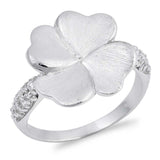 Sterling Silver Heart Clover Flower Shaped Clear CZ RingAnd Face Height 16mmAnd Band Width 2mm