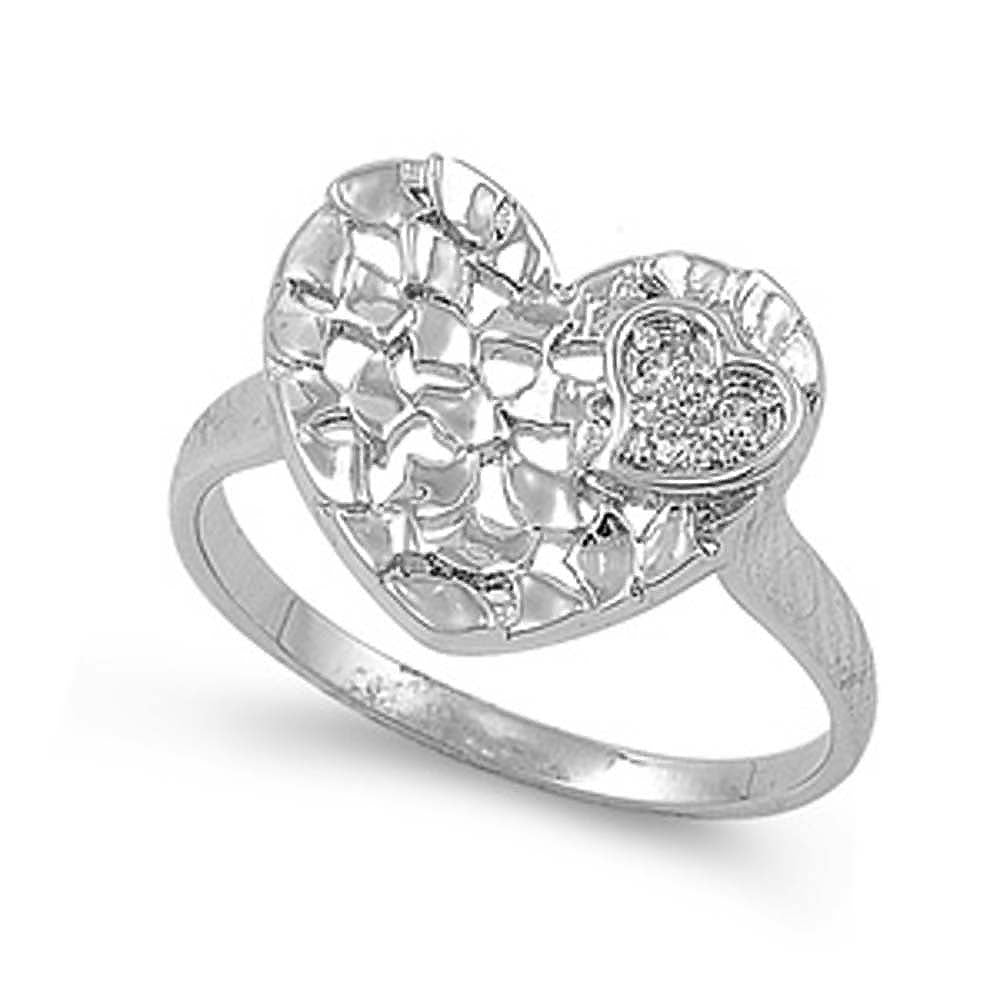 Sterling Silver Heart Shaped Clear CZ RingAnd Face Height 13mmAnd Band Width 2mm