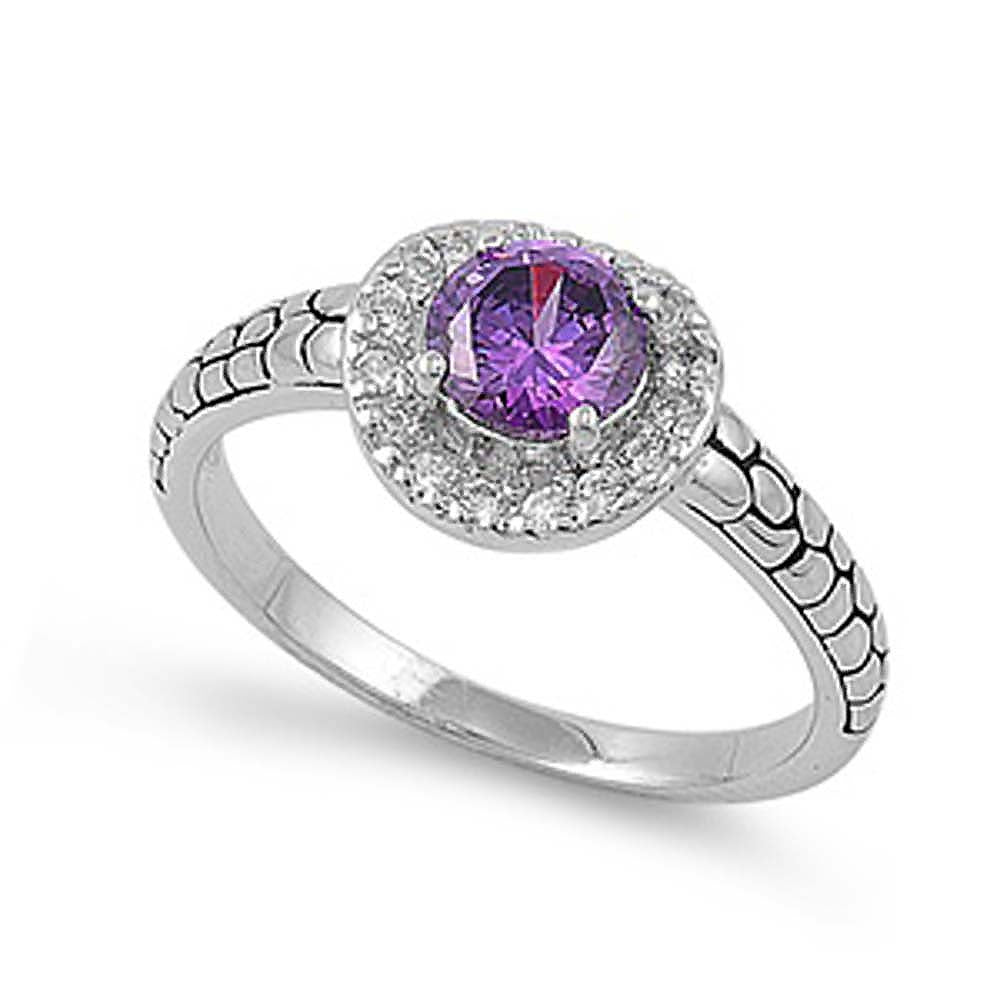 Sterling Silver Amethyst Round Shaped Clear CZ RingAnd Face Height 9mmAnd Band Width 2mm