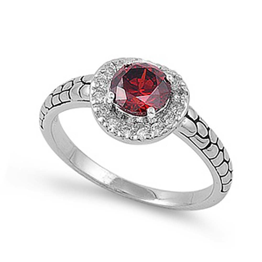 Sterling Silver Garnet Round Shaped Clear CZ RingAnd Face Height 9mmAnd Band Width 2mm