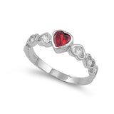 Sterling Silver Garnet Heart Shaped Clear CZ RingAnd Face Height 6mmAnd Band Width 2mm