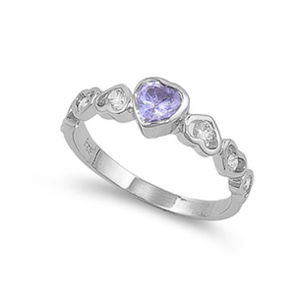 Sterling Silver Lavender Heart Shaped Clear CZ RingAnd Face Height 6mmAnd Band Width 2mm