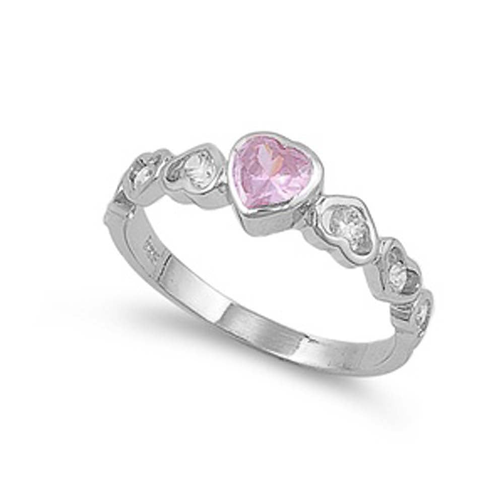 Sterling Silver Pink Heart Shaped Clear CZ RingAnd Face Height 6mm