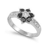 Sterling Silver Flower With Black And Clear CZ RingAnd Face Height 10mmAnd Band Width 2mm