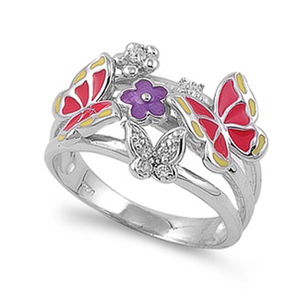 Sterling Silver Butterfly With Multi Color Cubic Zirconia Ring