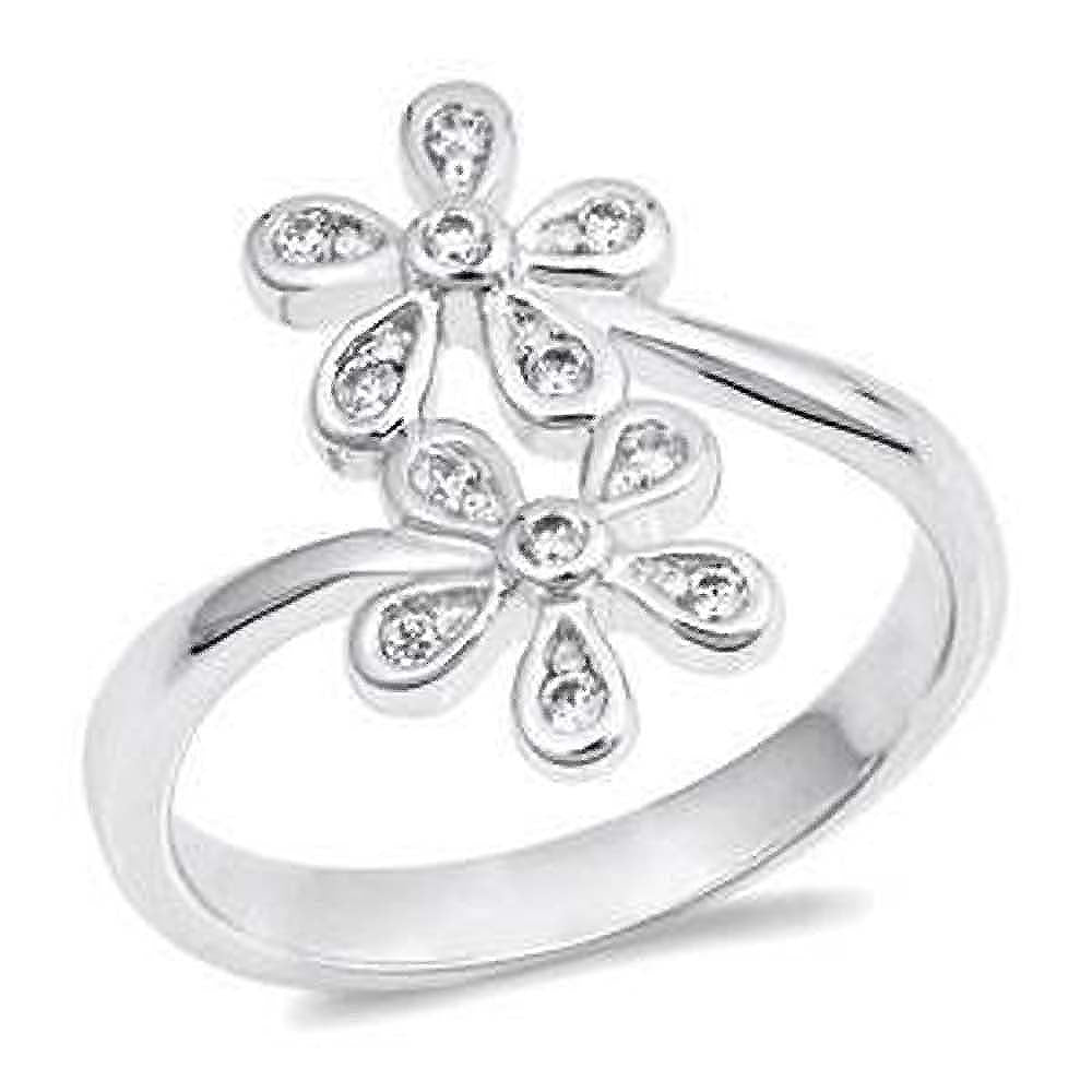 Sterling Silver Plumeria Shaped Clear CZ RingAnd Face Height 17mmAnd Band Width 3mm