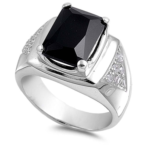 Sterling Silver Black Rectangle Shaped Men's CZ Ring And Face Height 16mmAnd Band Width 6mm