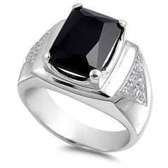 Sterling Silver Black Rectangle Shaped Men's CZ Ring And Face Height 16mmAnd Band Width 6mm
