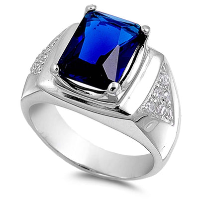 Sterling Silver Blue Sapphire Rectangle Shaped Men's CZ Ring And Face Height 16mmAnd Band Width 6mm