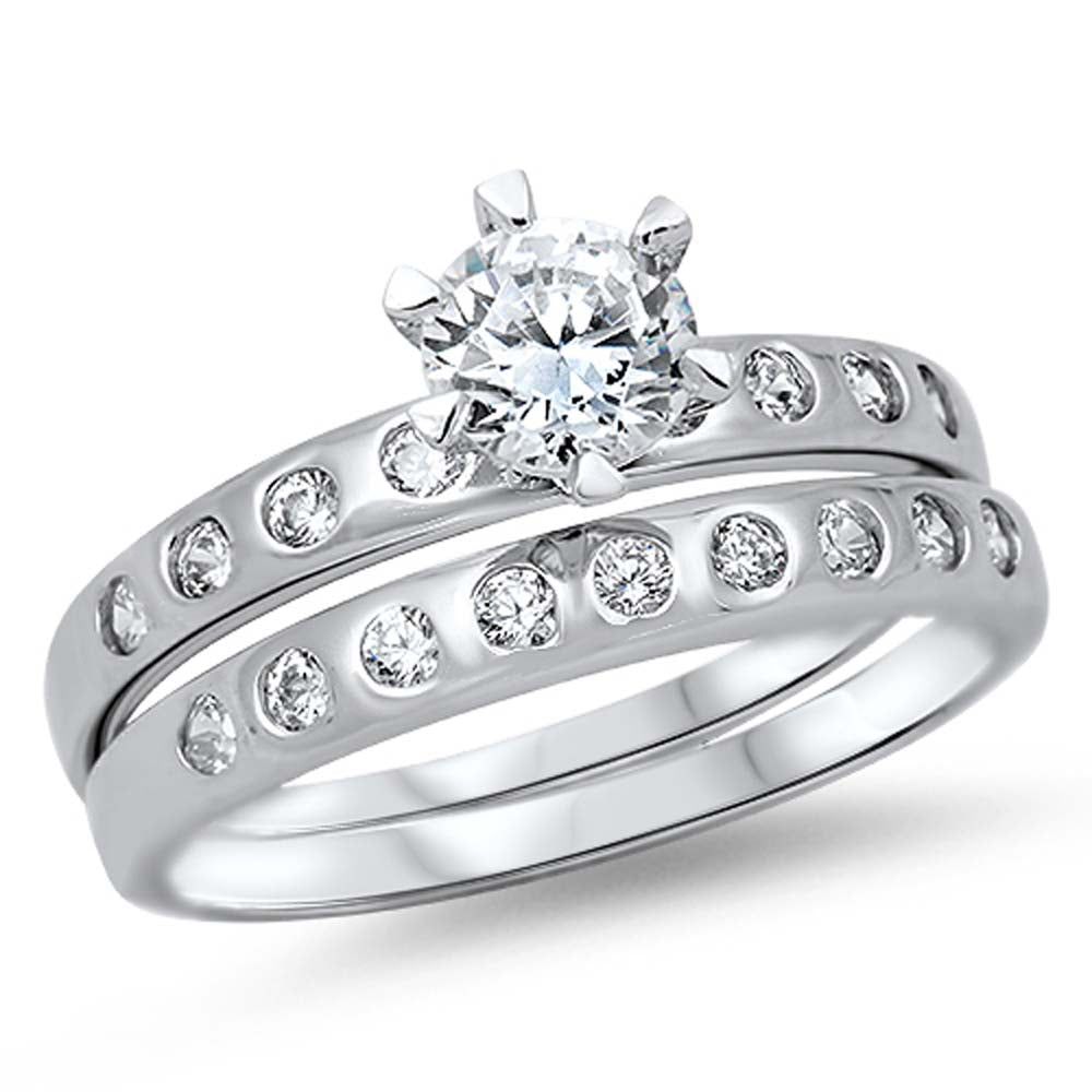 Sterling Silver Round Clear CZ 2 Piece Engagement Ring Set with a 6 Prong Set Round Clear CZ in the CenterAnd Ring Face Height of 6MM and Ring band Width of 5MM