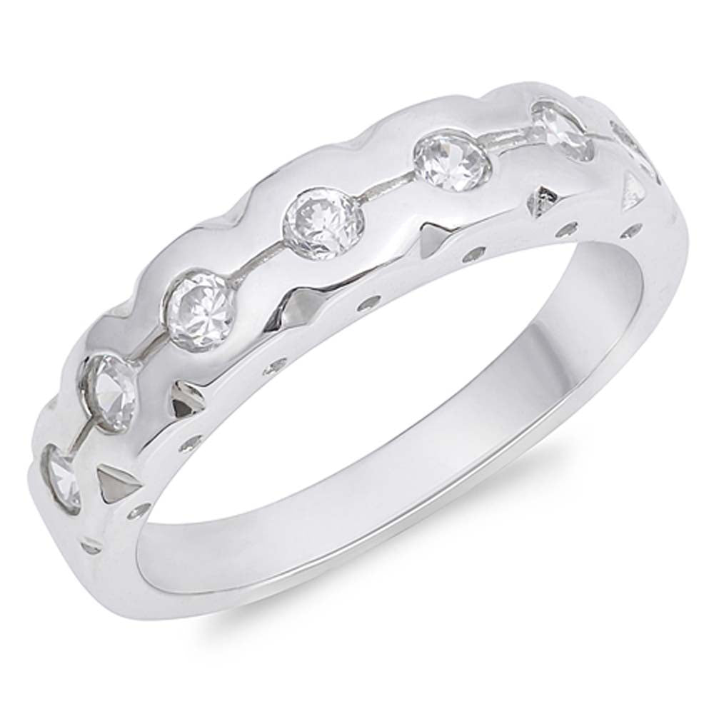 Sterling Silver Round Waves Shaped Clear CZ RingAnd Face Height 4mmAnd Band Width 2mm