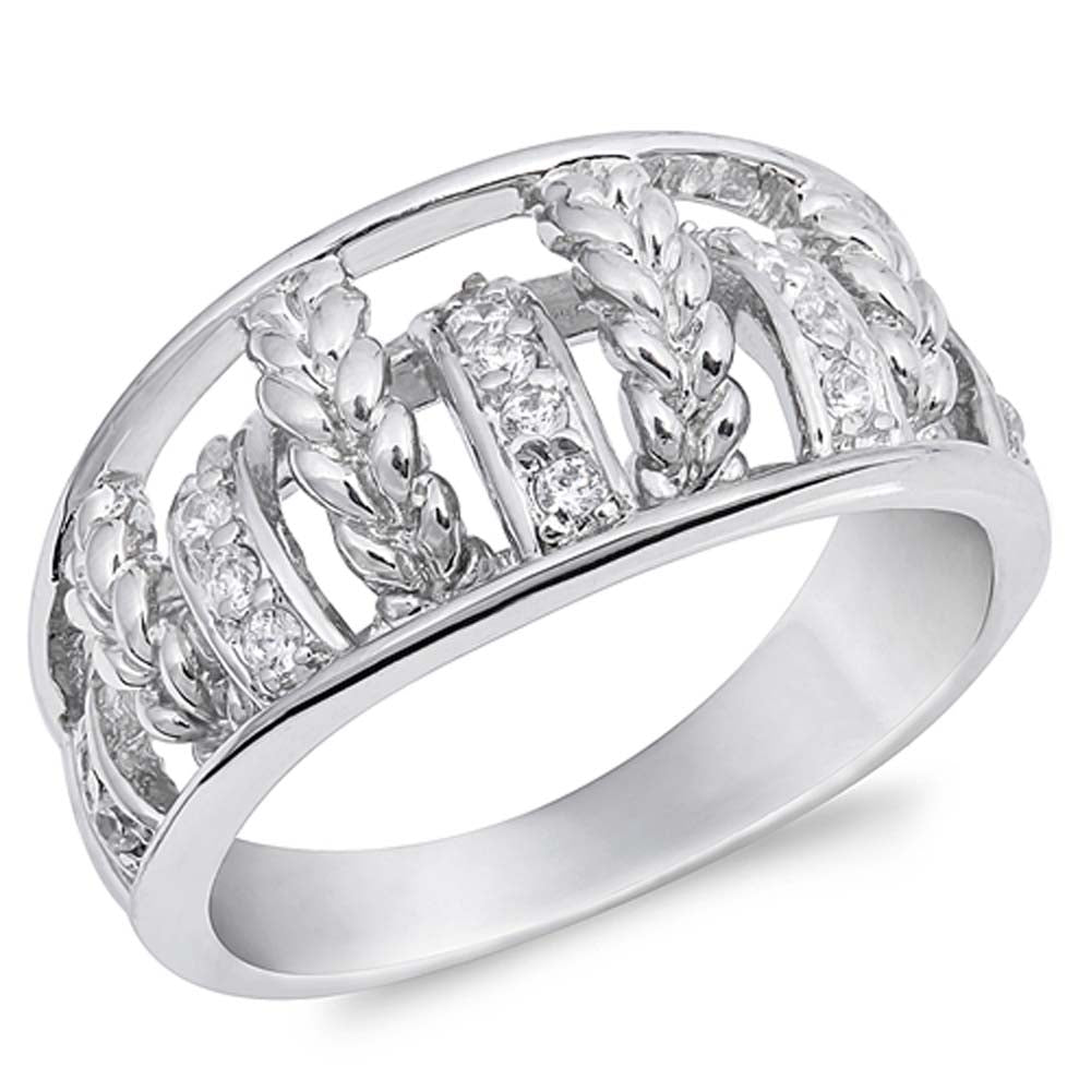 Sterling Silver Leaves Shaped Clear CZ RingAnd Face Height 11mmAnd Band Width 3mm