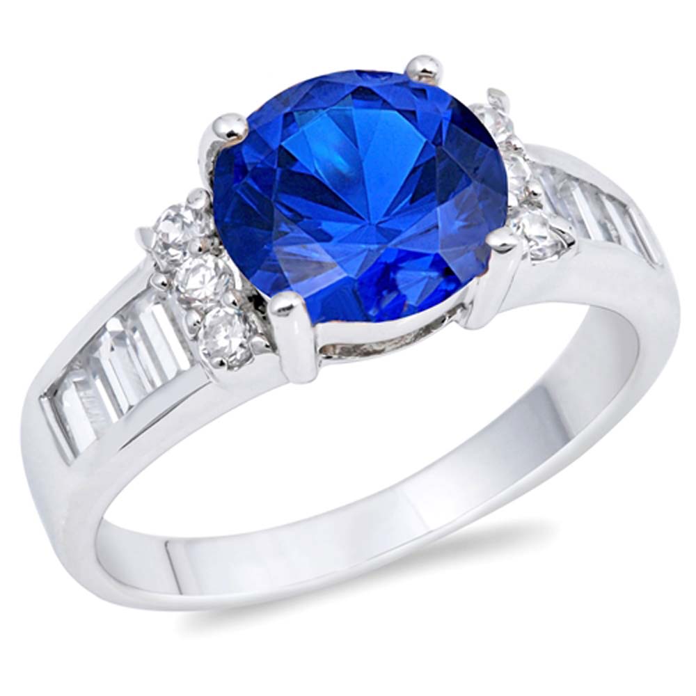 Sterling Silver Blue Sapphire Round Shaped Clear CZ RingAnd Face Height 9mmAnd Band Width 2mm