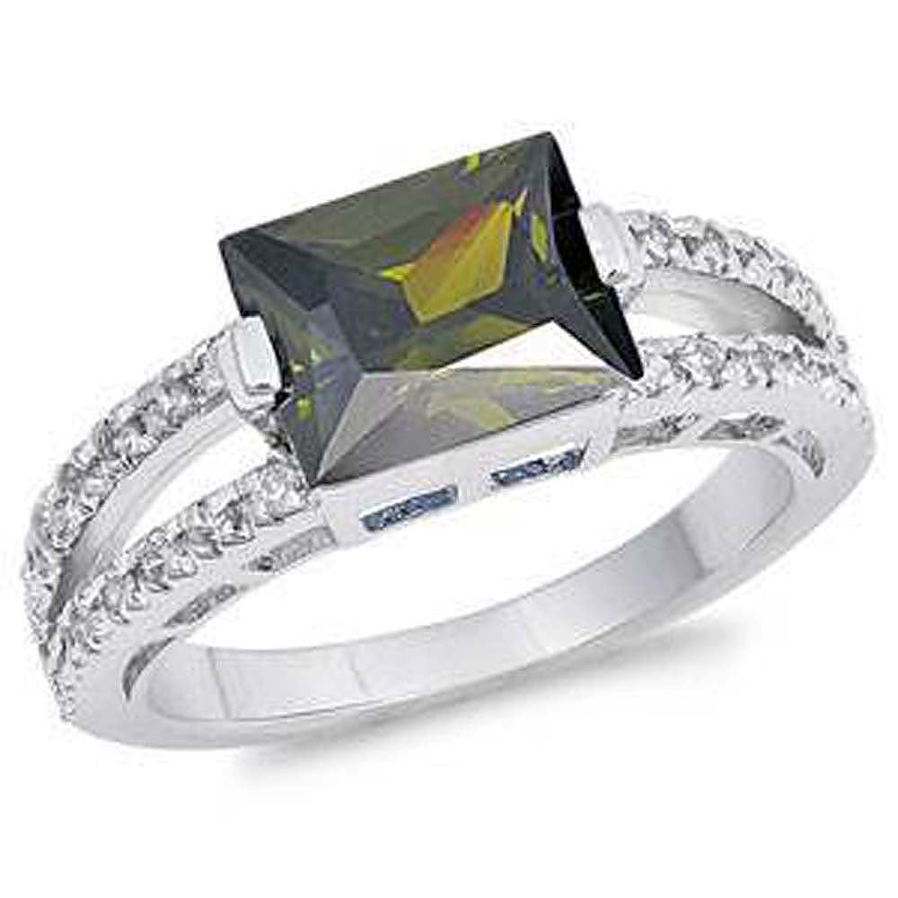 Sterling Silver Olive Green Rectangle Shaped Clear CZ RingAnd Face Height 8mmAnd Band Width 3mm