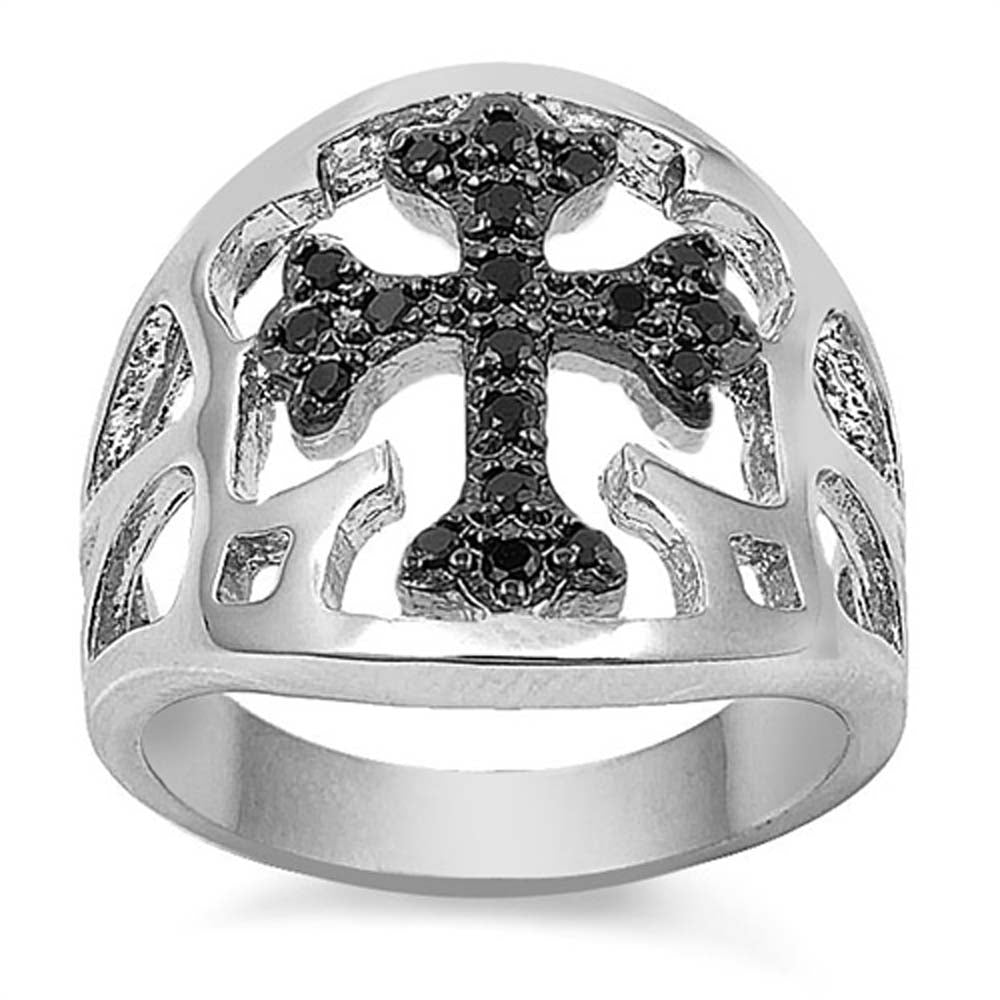 Sterling Silver Black Cross Shaped Clear CZ RingAnd Face Height 19mm