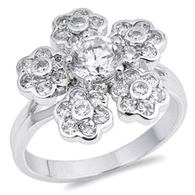 Load image into Gallery viewer, Sterling Silver Plumeria Shaped Clear CZ RingAnd Face Height 17mmAnd Band Width 3mm