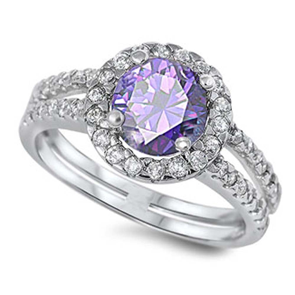 Sterling Silver Amethyst Round Shaped Clear CZ RingAnd Face Height 6mmAnd Band Width 2mm