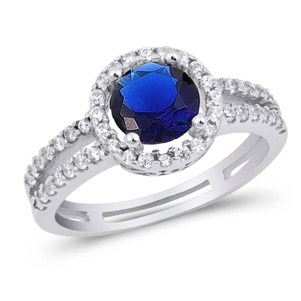 Sterling Silver Round With Blue Sapphire And Cubic Zirconia Ring