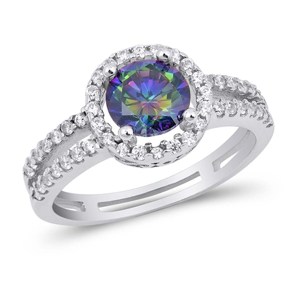 Sterling Silver Solitaire Halo Ring with Round Cut Rainbow Topaz Simulated Diamond On Prong SettingAnd Face Height 11MM