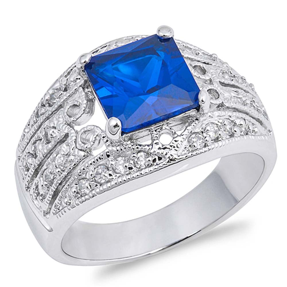 Sterling Silver Blue Sapphire Square Shaped Clear CZ RingAnd Face Height 14mmAnd Band Width 4mm