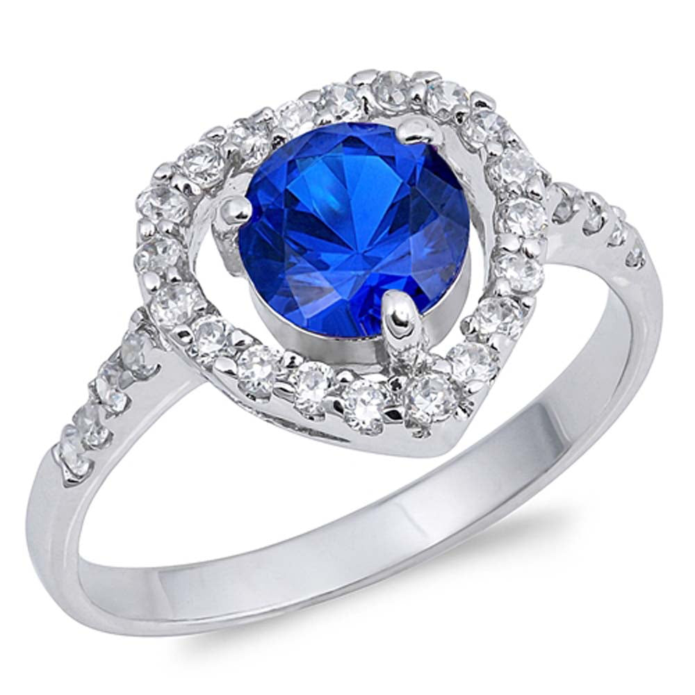 Sterling Silver Blue Sapphire Heart Shaped Clear CZ RingAnd Face Height 12mmAnd Band Width 2mm