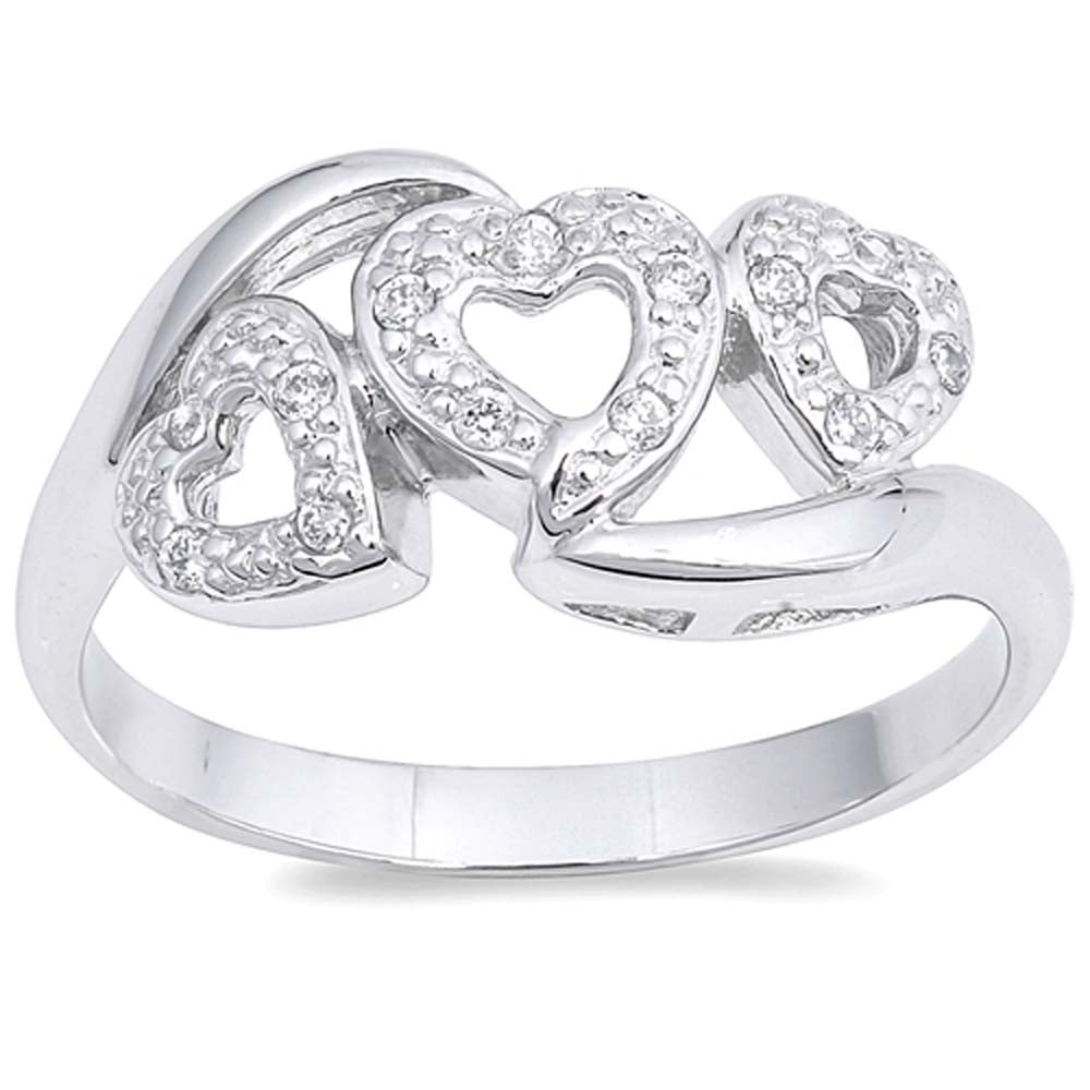 Sterling Silver Hearts Shaped Clear CZ RingAnd Face Height 9mm