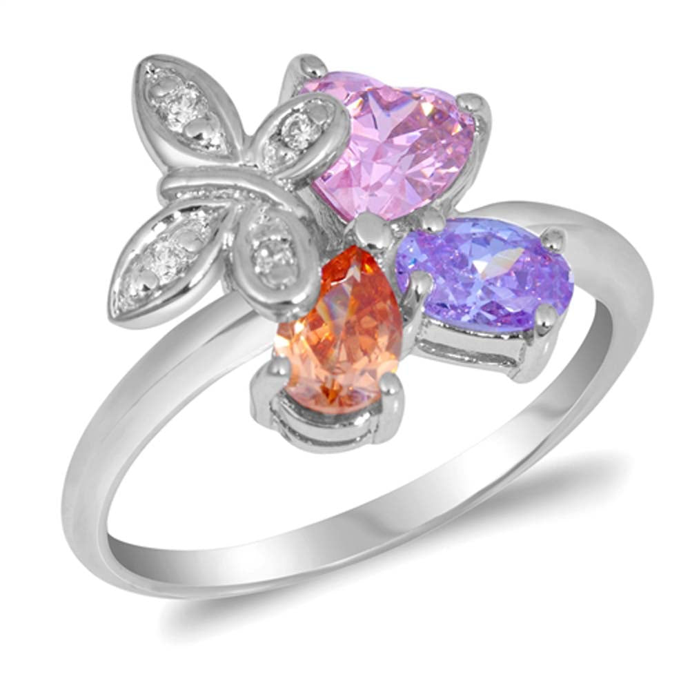 Sterling Silver Butterfly Shaped Multicolor CZ RingAnd Face Height 16mmAnd Band Width 2mm