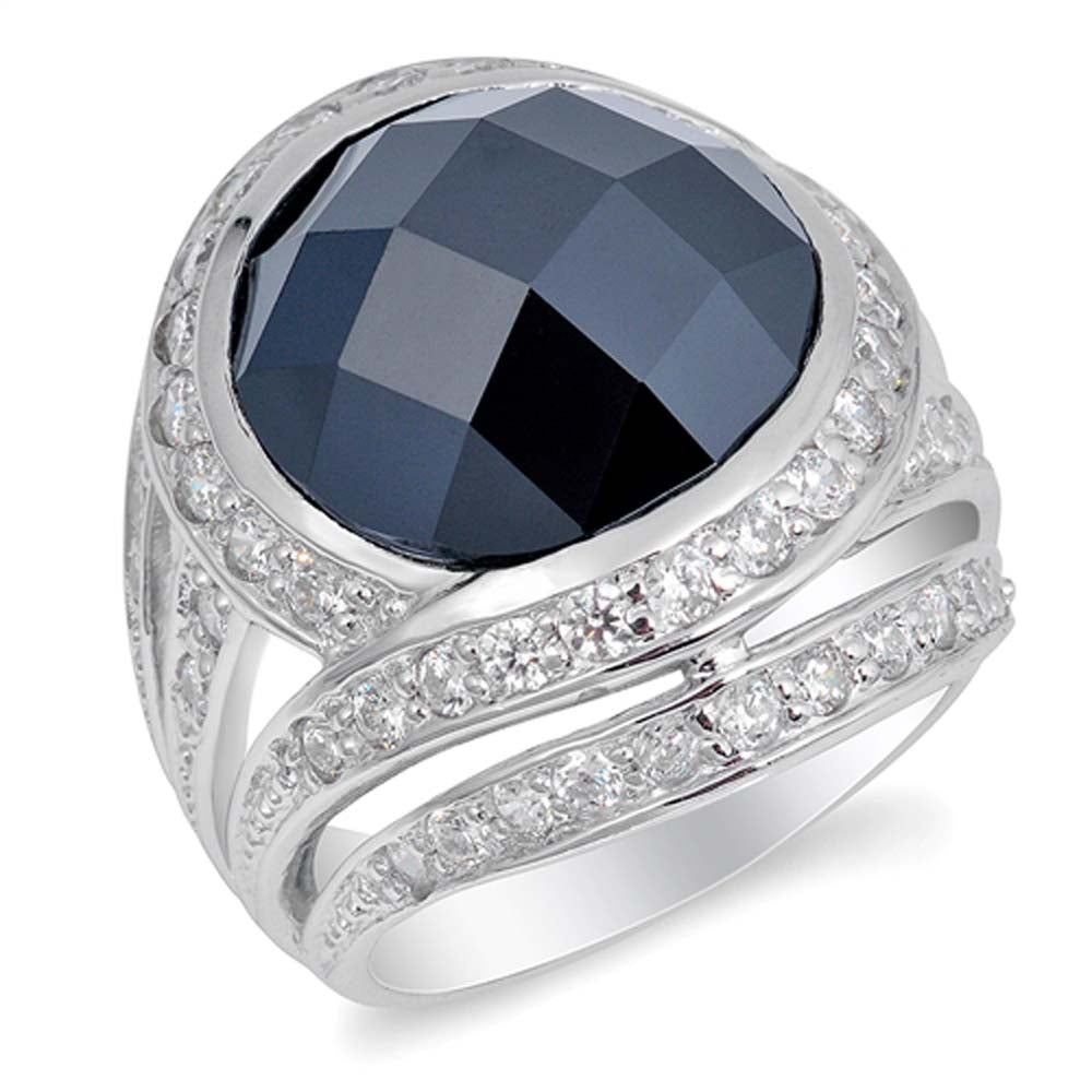 Sterling Silver Black Round Shaped Clear CZ RingAnd Face Height 26mmAnd Band Width 5mmAnd Weight 16.9grams