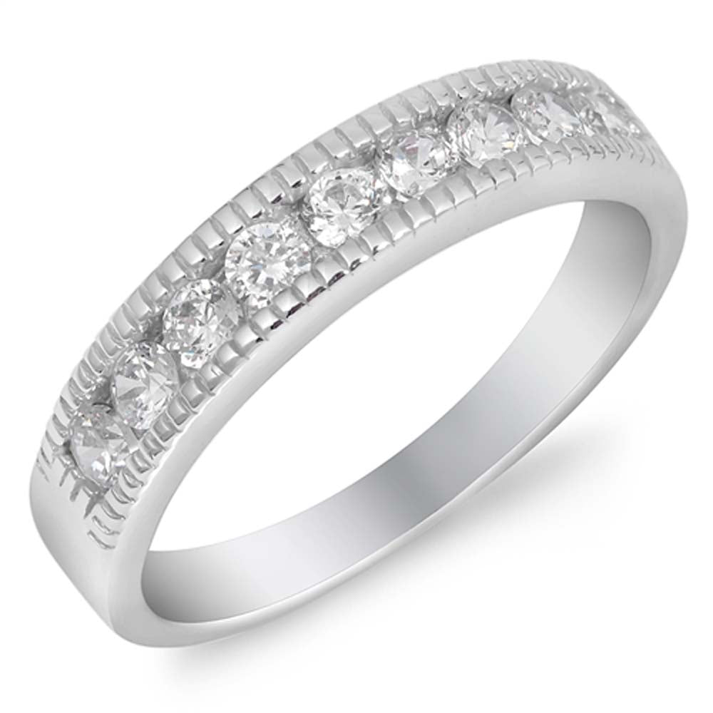 Sterling Silver Round Wedding Band With Clear CZ RingAnd Face Height 4mmAnd Band Width 3mm