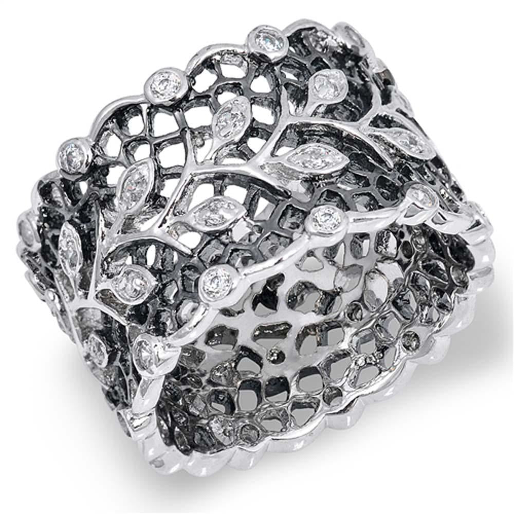Sterling Silver Leaves Shaped Clear CZ RingAnd Face Height 13mmAnd Band Width 13mmAnd Weight 8grams