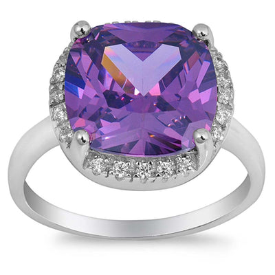 Sterling Silver Amethyst Square Shaped Clear CZ RingAnd Face Height 14mmAnd Band Width 2mm