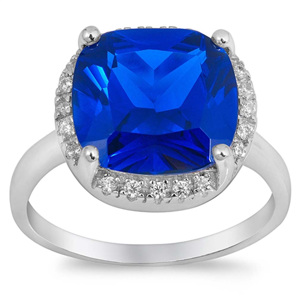 Sterling Silver Synthetic Blue Sapphire Square Shaped Clear CZ RingAnd Face Height 14mmAnd Band Width 2mm