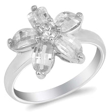 Load image into Gallery viewer, Sterling Silver Plumeria Shaped Clear CZ RingAnd Face Height 14mmAnd Band Width 2mmAnd Weight 4.1grams
