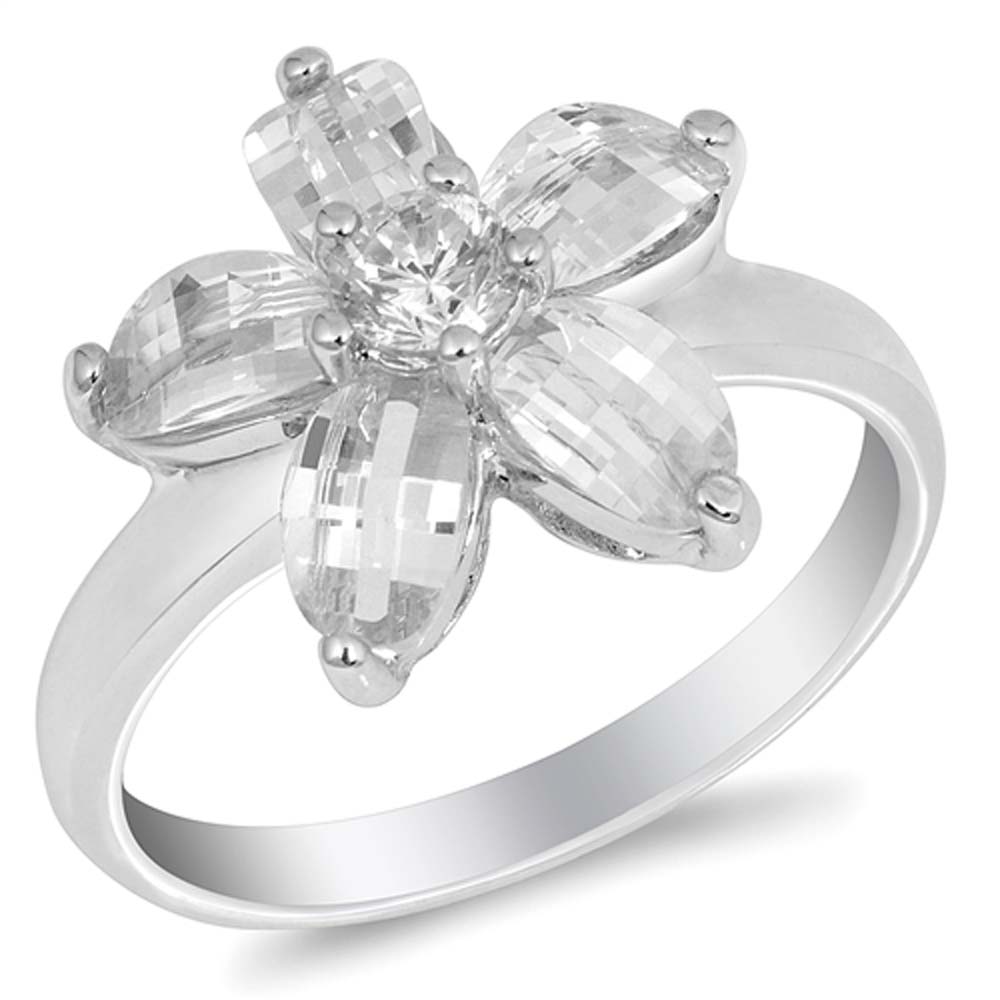 Sterling Silver Plumeria Shaped Clear CZ RingAnd Face Height 14mmAnd Band Width 2mmAnd Weight 4.1grams