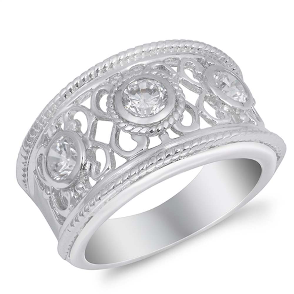 Sterling Silver Round Celtic Shaped Clear CZ RingAnd Face Height 13mmAnd Band Width 5mm