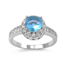 Load image into Gallery viewer, Sterling Silver Aquamarine Round Shaped Clear CZ RingAnd Face Height 11mmAnd Band Width 2mm