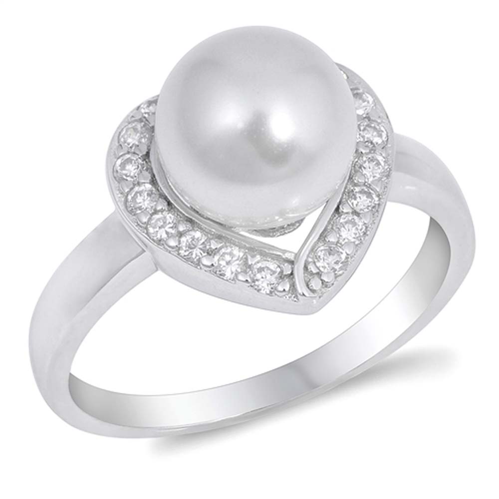 Sterling Silver Heart Shaped Pearl With Clear CZ RingAnd Face Height 13mmAnd Band Width 2mm